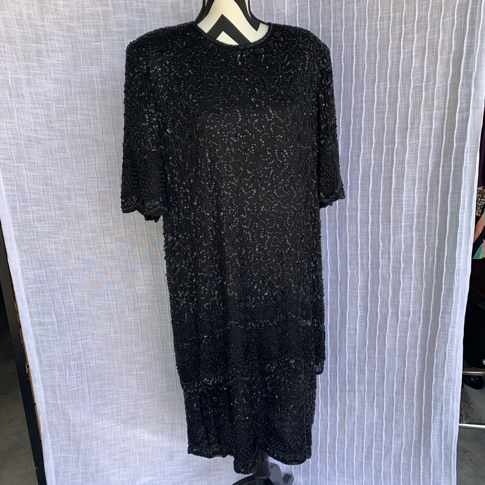 Brilliante by J.A. Beaded Silk Dress Black Size 2X